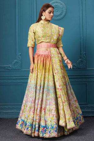 310037 Green Multicolored Embroidered Lehenga with Belt