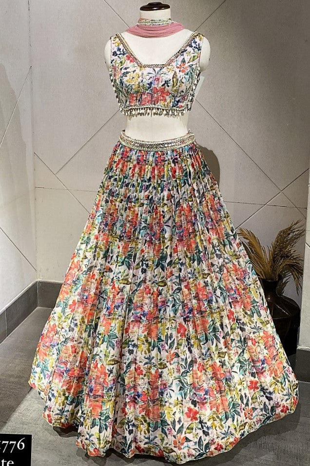 Buy multicolor printed lehenga set. Make a fashion statement on festive occasions and weddings with designer sarees, designer suits, Indian dresses, Anarkali suits, palazzo suits, designer gowns, sharara suits, and embroidered sarees from Pure Elegance Indian fashion store in the USA.