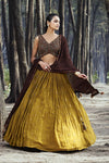 Buy beautiful dark brown and mustard embroidered georgette lehenga online in USA with dupatta. Be the star of the occasions in designer lehengas, embroidered suits, Anarkali dress, designer gowns, sharara suits, Bollywood sarees from Pure Elegance Indian fashion store in USA.-full view