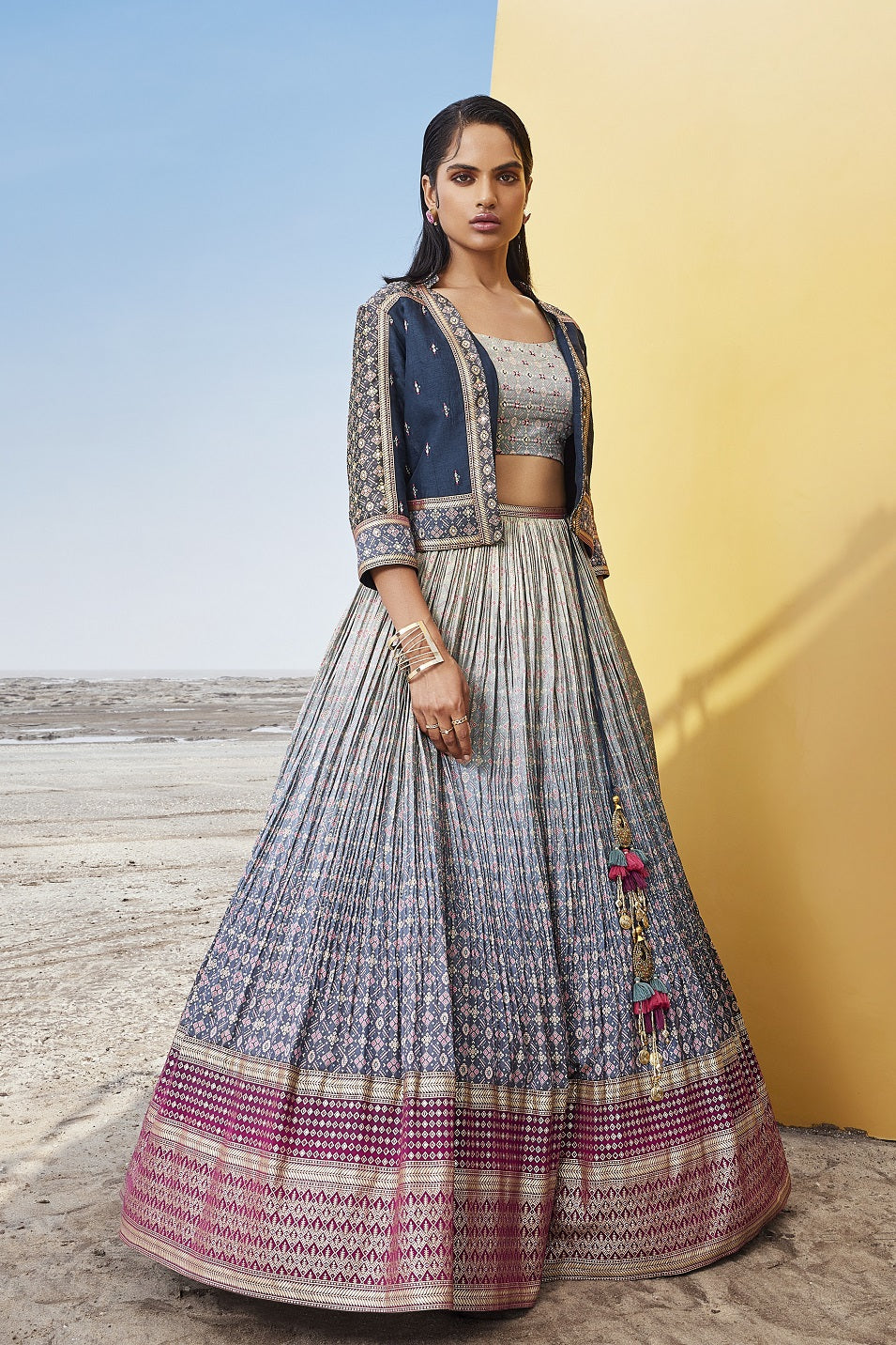 Buy beautiful ombre blue printed chanderi silk lehenga online in USA with jacket. Be the star of the occasions in designer lehengas, embroidered suits, Anarkali dress, designer gowns, sharara suits, Bollywood sarees from Pure Elegance Indian fashion store in USA.-full view