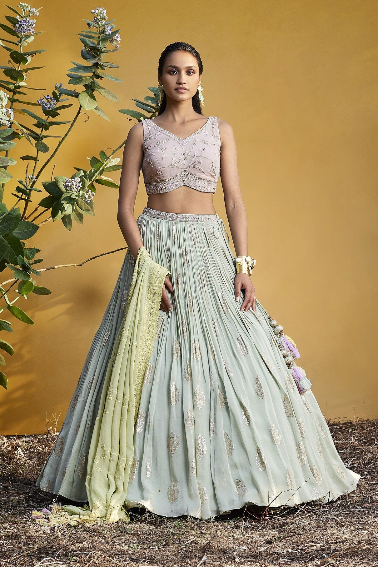 Buy mint green and powder pink embroidered georgette lehenga online in USA with dupatta. Be the star of the occasions in designer lehengas, embroidered suits, Anarkali dress, designer gowns, sharara suits, Bollywood sarees from Pure Elegance Indian fashion store in USA.-full view