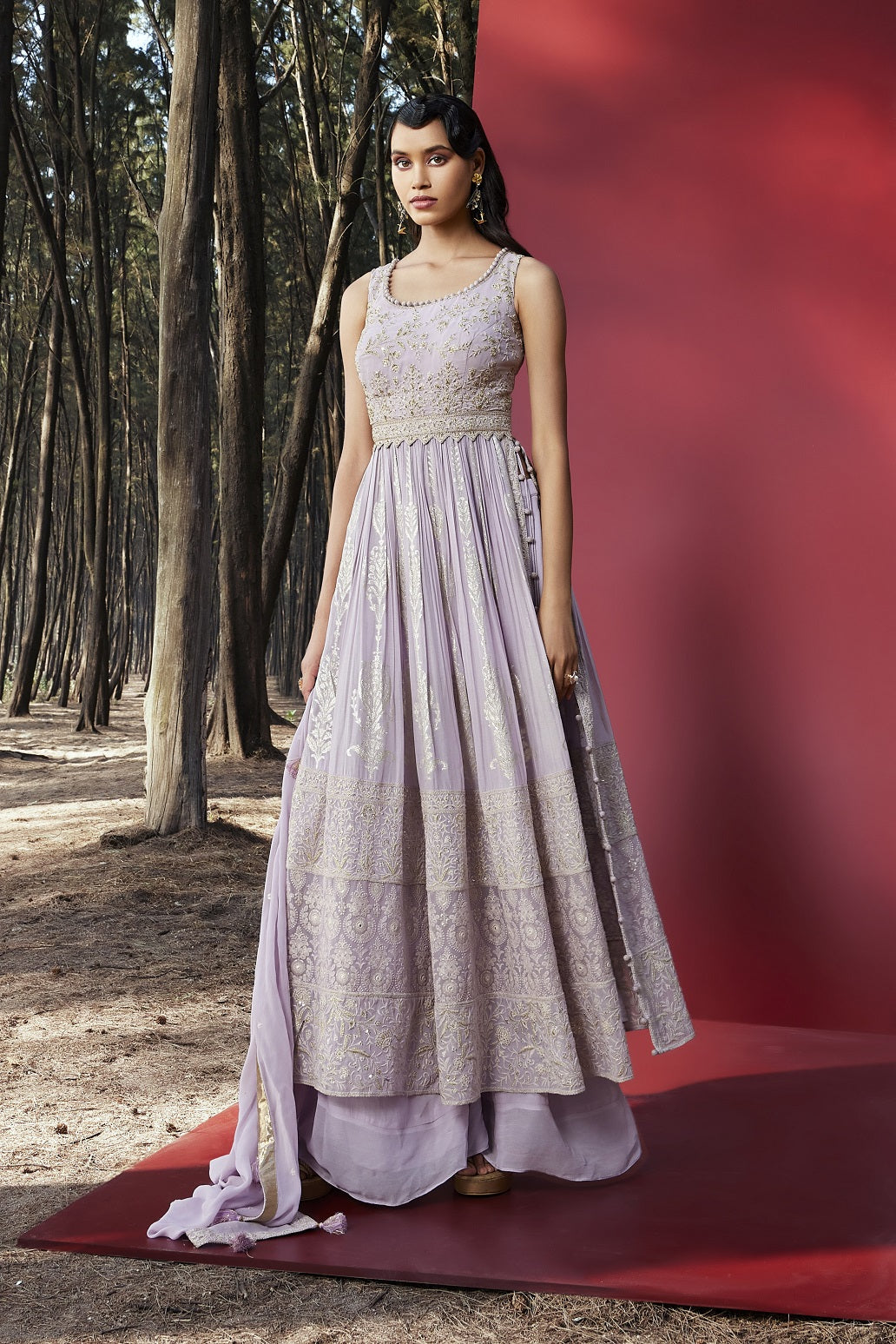Shop lilac embroidered georgette suit online in USA with palazzo and dupatta. Be the star of the occasions in designer lehengas, embroidered suits, Anarkali dress, designer gowns, sharara suits, Bollywood sarIs from Pure Elegance Indian fashion store in USA.-full view