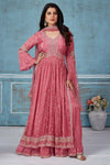 Buy pink embroidered crepe silk palazzo suit online in USA with dupatta. Look royal on special occasions in exquisite designer lehengas, pure silk sarees, handloom sarees, Bollywood sarees, Anarkali suits, Banarasi sarees, organza sarees from Pure Elegance Indian saree store in USA.-full view