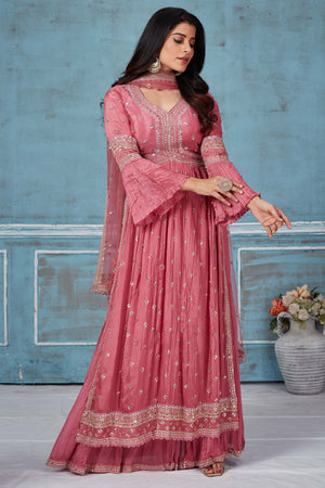 Buy pink embroidered crepe silk palazzo suit online in USA with dupatta. Look royal on special occasions in exquisite designer lehengas, pure silk sarees, handloom sarees, Bollywood sarees, Anarkali suits, Banarasi sarees, organza sarees from Pure Elegance Indian saree store in USA.-side