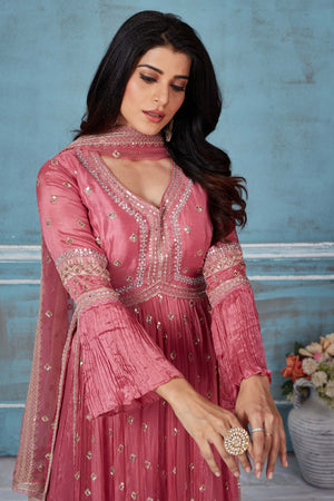 Buy pink embroidered crepe silk palazzo suit online in USA with dupatta. Look royal on special occasions in exquisite designer lehengas, pure silk sarees, handloom sarees, Bollywood sarees, Anarkali suits, Banarasi sarees, organza sarees from Pure Elegance Indian saree store in USA.-closeup