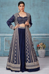Buy beautiful navy blue embroidered georgette lehenga online in USA with jacket. Look royal on special occasions in exquisite designer lehengas, pure silk sarees, handloom sarees, Bollywood sarees, Anarkali suits, Banarasi sarees, organza sarees from Pure Elegance Indian saree store in USA.-full vieq
