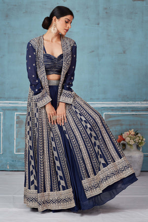 Buy beautiful navy blue embroidered georgette lehenga online in USA with jacket. Look royal on special occasions in exquisite designer lehengas, pure silk sarees, handloom sarees, Bollywood sarees, Anarkali suits, Banarasi sarees, organza sarees from Pure Elegance Indian saree store in USA.-front