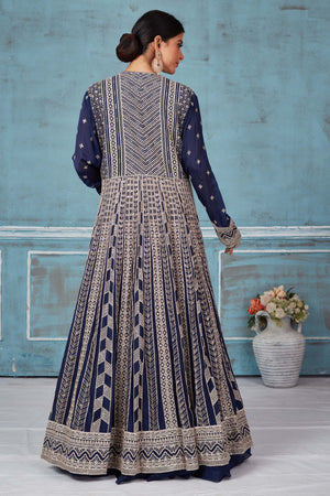 Buy beautiful navy blue embroidered georgette lehenga online in USA with jacket. Look royal on special occasions in exquisite designer lehengas, pure silk sarees, handloom sarees, Bollywood sarees, Anarkali suits, Banarasi sarees, organza sarees from Pure Elegance Indian saree store in USA.-back