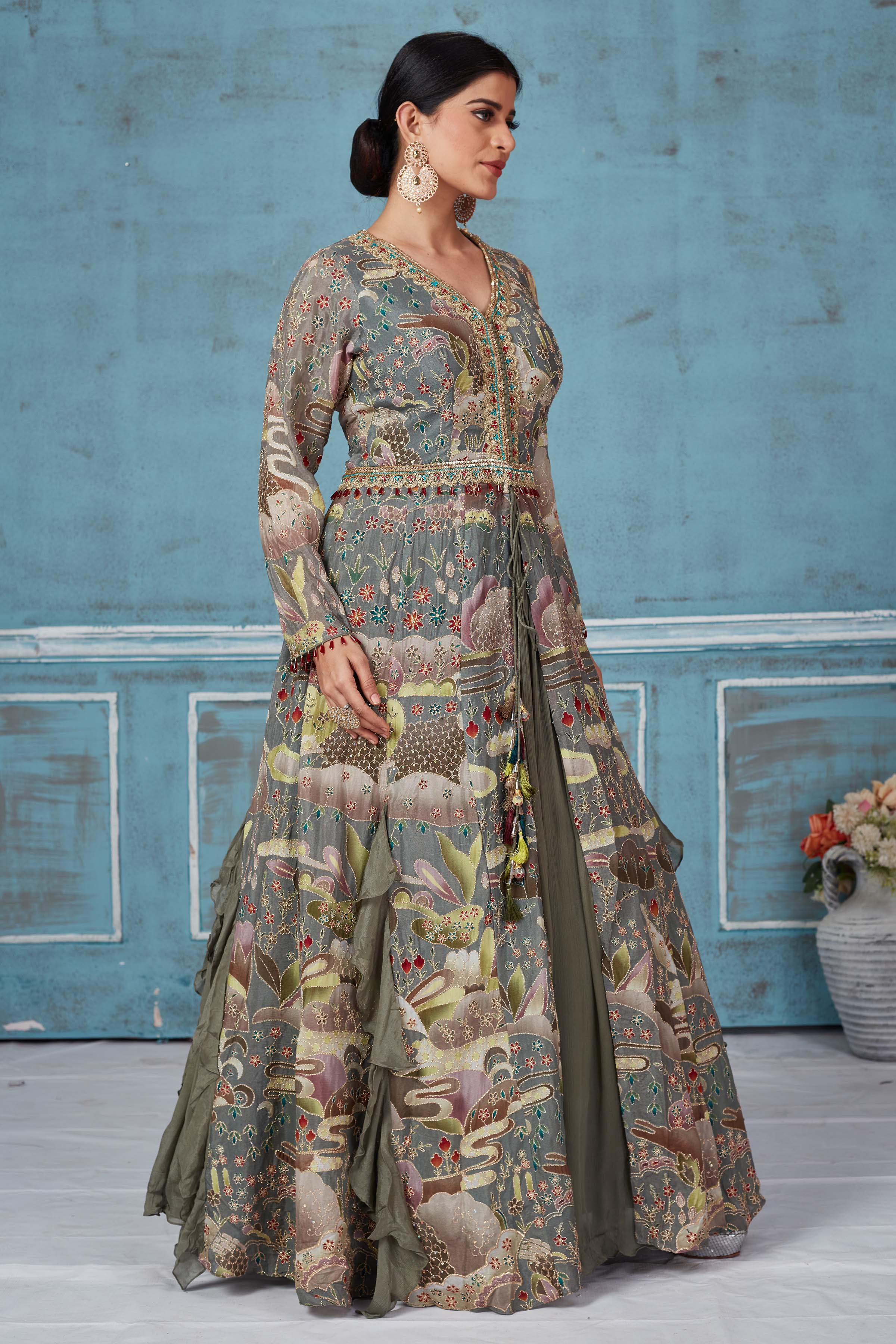 Buy beautiful olive green printed and embroidered georgette Anarkali suit online in USA. Look royal on special occasions in exquisite designer lehengas, pure silk sarees, handloom sarees, Bollywood sarees, Anarkali suits, Banarasi sarees, organza sarees from Pure Elegance Indian saree store in USA.-side