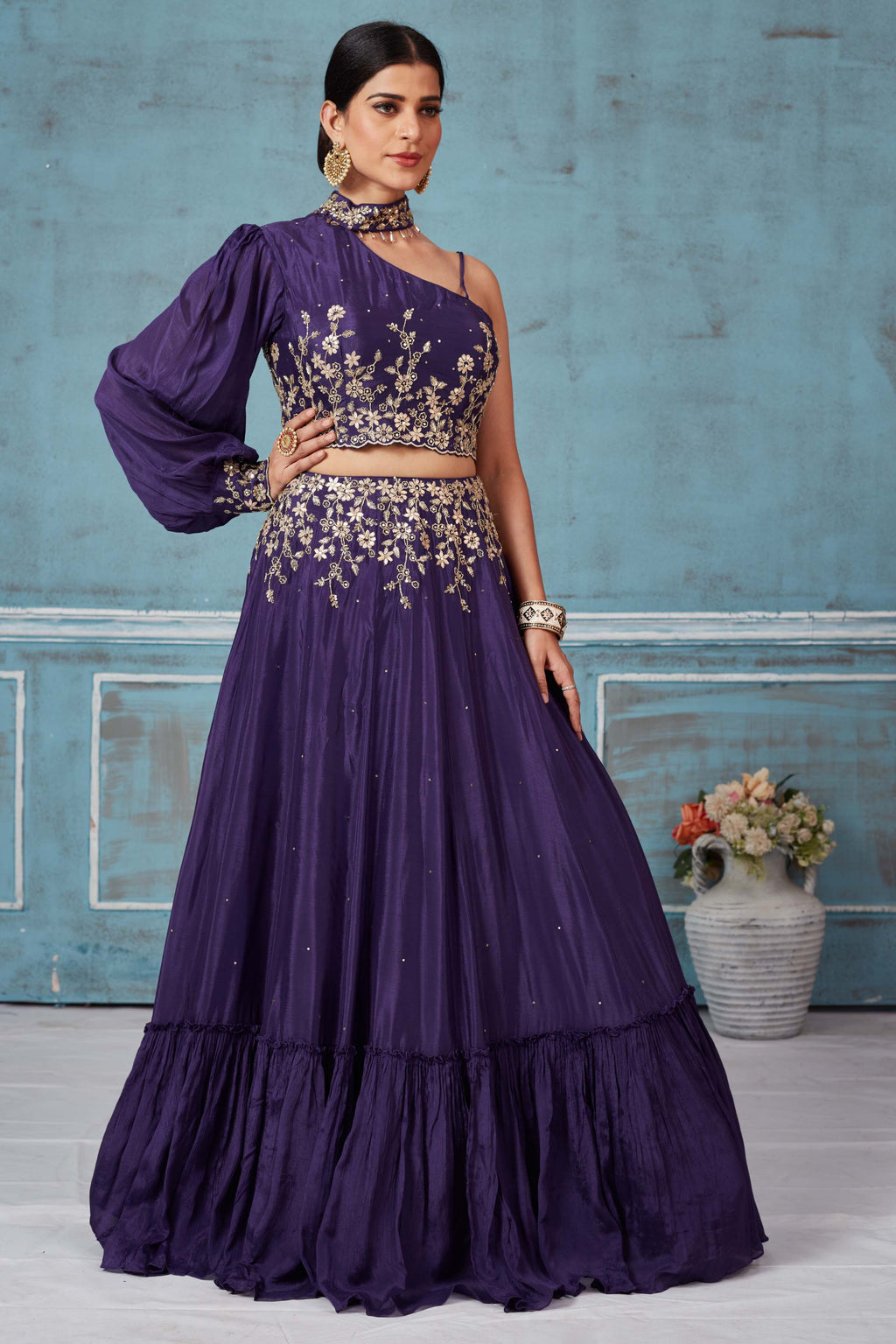 Shop purple georgette embroidered contemporary skirt set online in USA. Look royal on special occasions in exquisite designer lehengas, pure silk sarees, handloom sarees, Bollywood sarees, Anarkali suits, Banarasi sarees, organza sarees from Pure Elegance Indian saree store in USA.-full view