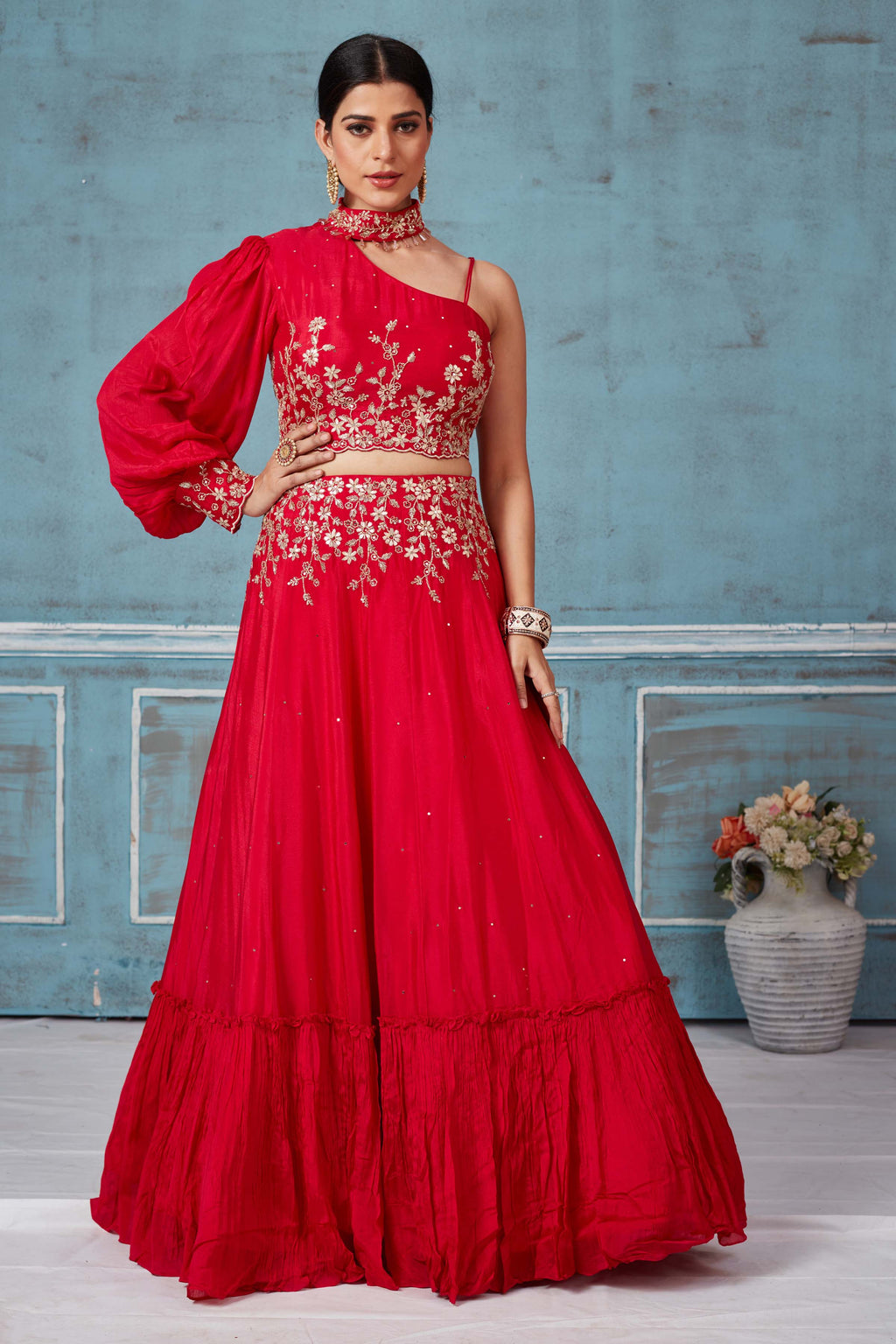 Buy red georgette embroidered contemporary skirt set online in USA. Look royal on special occasions in exquisite designer lehengas, pure silk sarees, handloom sarees, Bollywood sarees, Anarkali suits, Banarasi sarees, organza sarees from Pure Elegance Indian saree store in USA.-full view