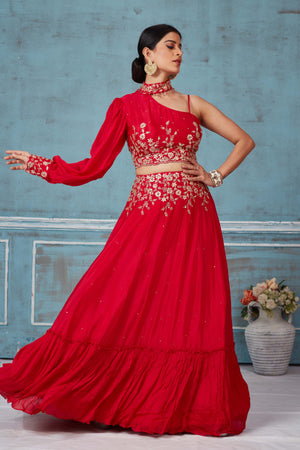 Buy red georgette embroidered contemporary skirt set online in USA. Look royal on special occasions in exquisite designer lehengas, pure silk sarees, handloom sarees, Bollywood sarees, Anarkali suits, Banarasi sarees, organza sarees from Pure Elegance Indian saree store in USA.-front