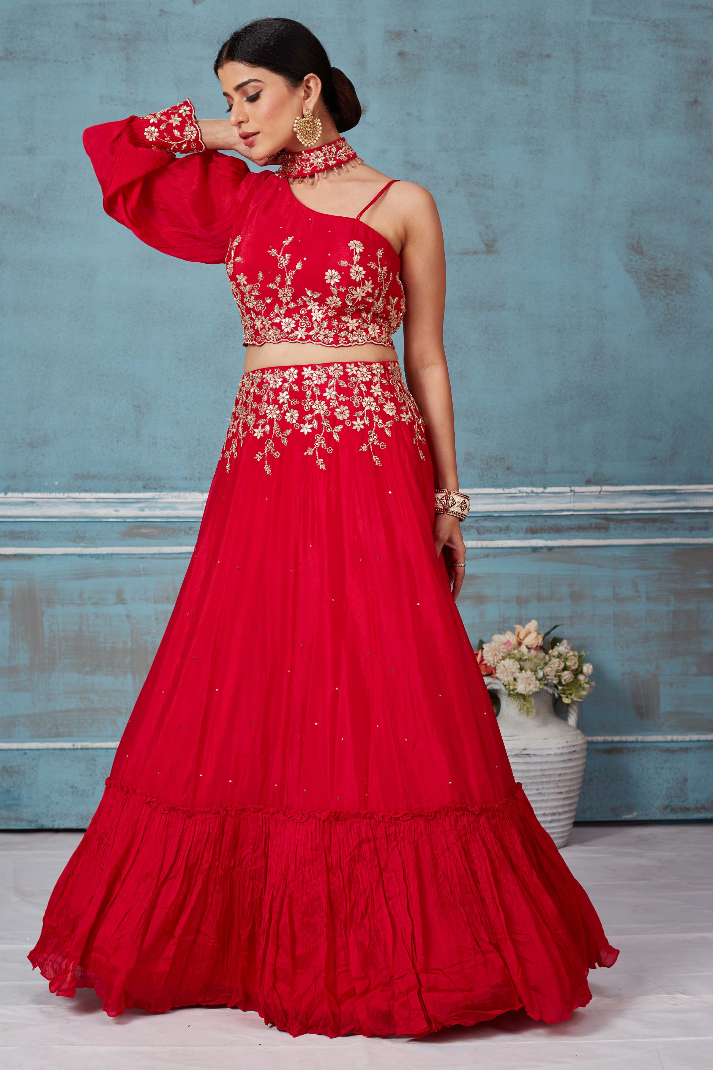 Buy red georgette embroidered contemporary skirt set online in USA. Look royal on special occasions in exquisite designer lehengas, pure silk sarees, handloom sarees, Bollywood sarees, Anarkali suits, Banarasi sarees, organza sarees from Pure Elegance Indian saree store in USA.-skirt set