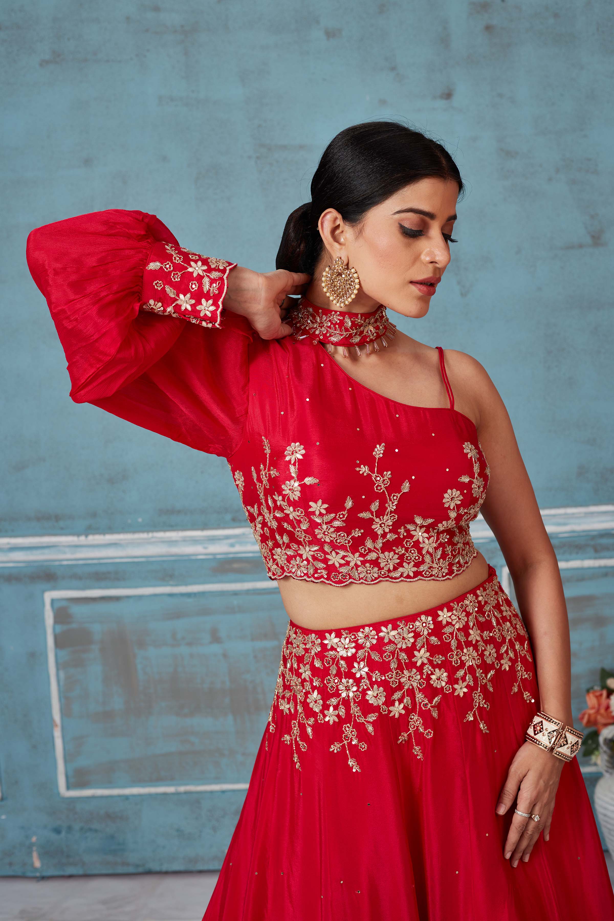 Buy red georgette embroidered contemporary skirt set online in USA. Look royal on special occasions in exquisite designer lehengas, pure silk sarees, handloom sarees, Bollywood sarees, Anarkali suits, Banarasi sarees, organza sarees from Pure Elegance Indian saree store in USA.-closeup
