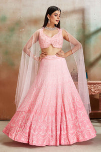 Shop ombre pink Lucknowi georgette lehenga online in USA with dupatta. Look your best on festive occasions in latest designer saris, pure silk sarees, Kanjivaram silk sarees, handwoven saris, tussar silk sarees, embroidered saris from Pure Elegance Indian clothing store in USA.-full view