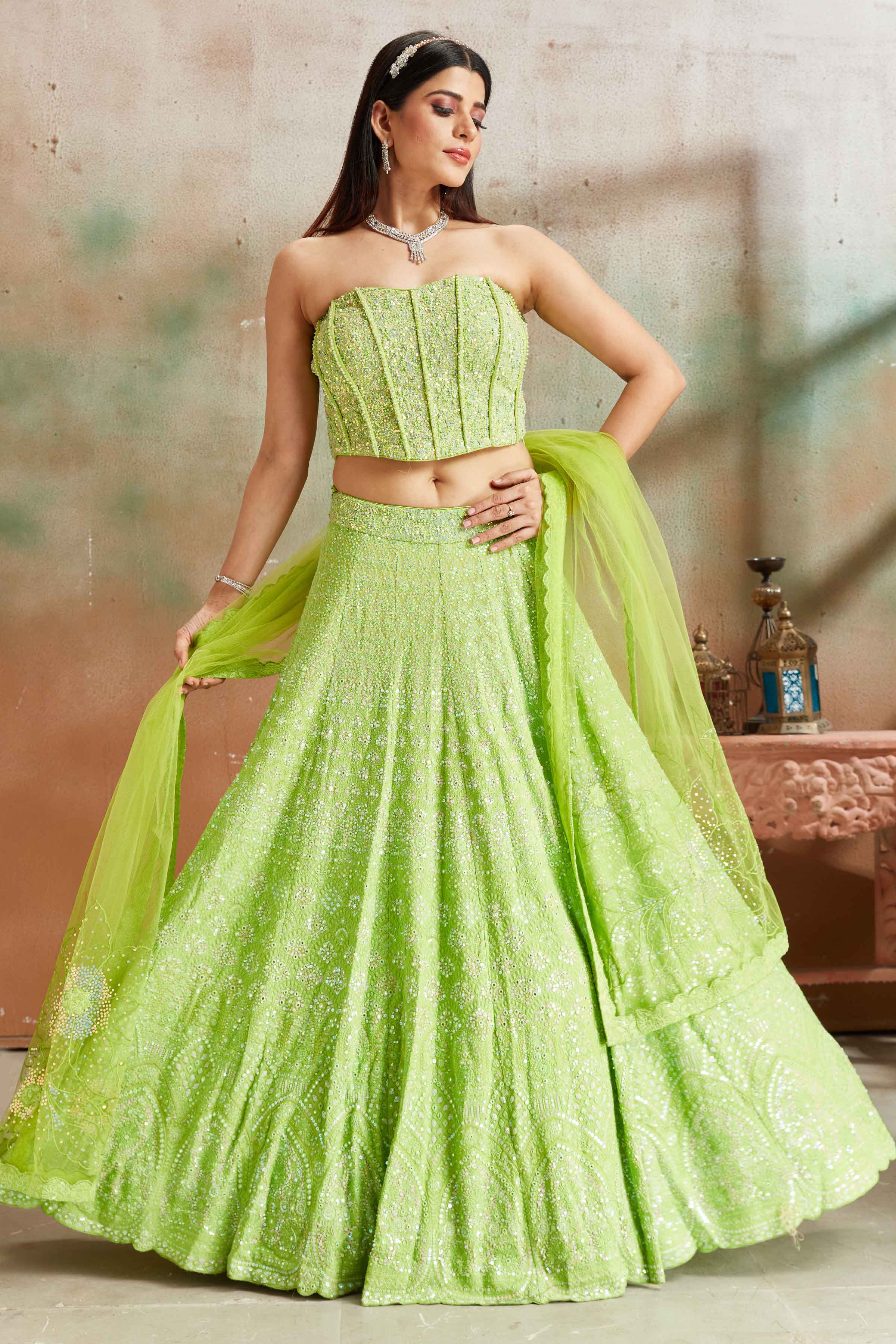 Buy Pastel Green Lucknowi Georgette Lehenga With Corset Blouse Online Pure Elegance Buy Pastel Green Lucknowi Georgette Lehenga With Corset Blouse Online Pure Elegance