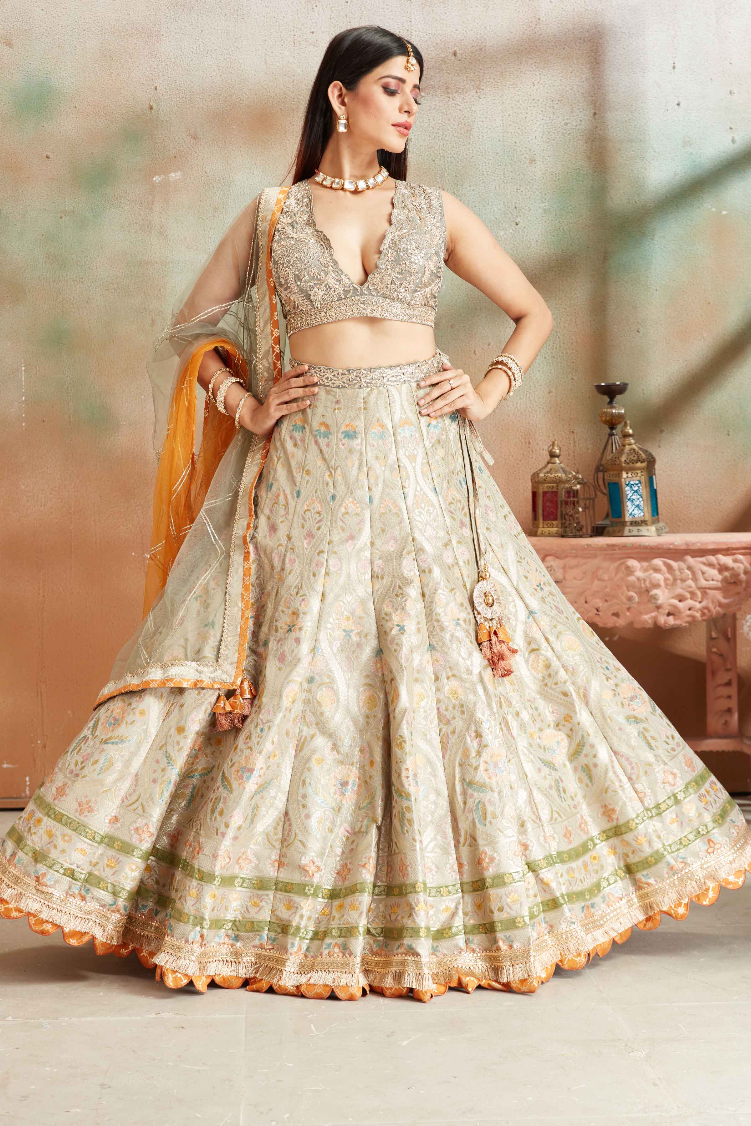silk lehenga dress 32A057-RO Sage Green Embroidered Banarasi Silk Lehenga With Dupatta