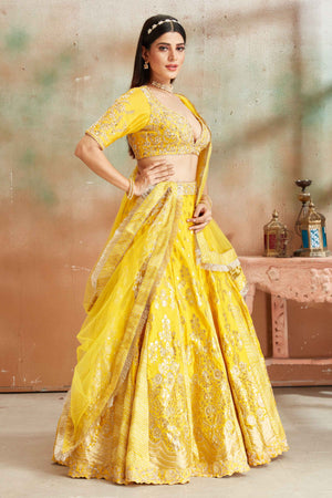 Shop Yellow Embroidered Banarasi Silk Lehenga With Dupatta Online USA Shop Yellow Embroidered Banarasi Silk Lehenga With Dupatta Online USA