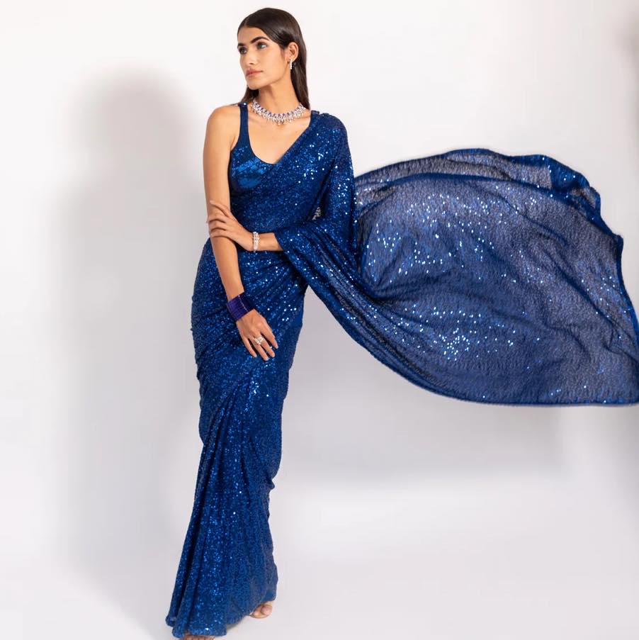 90N664A-RO Blue Sequin Saree with Blouse
