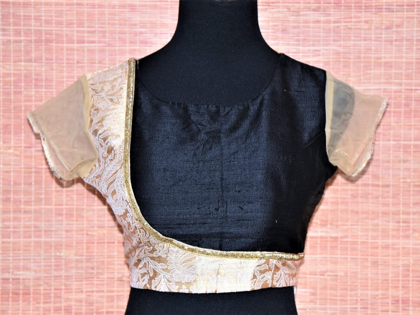 Shop black and cream Banarasi designer saree blouse online in USA. Look captivating in Indian sarees matched with exquisite readymade sari blouses from Pure Elegance Indian fashion boutique in USA.-front
