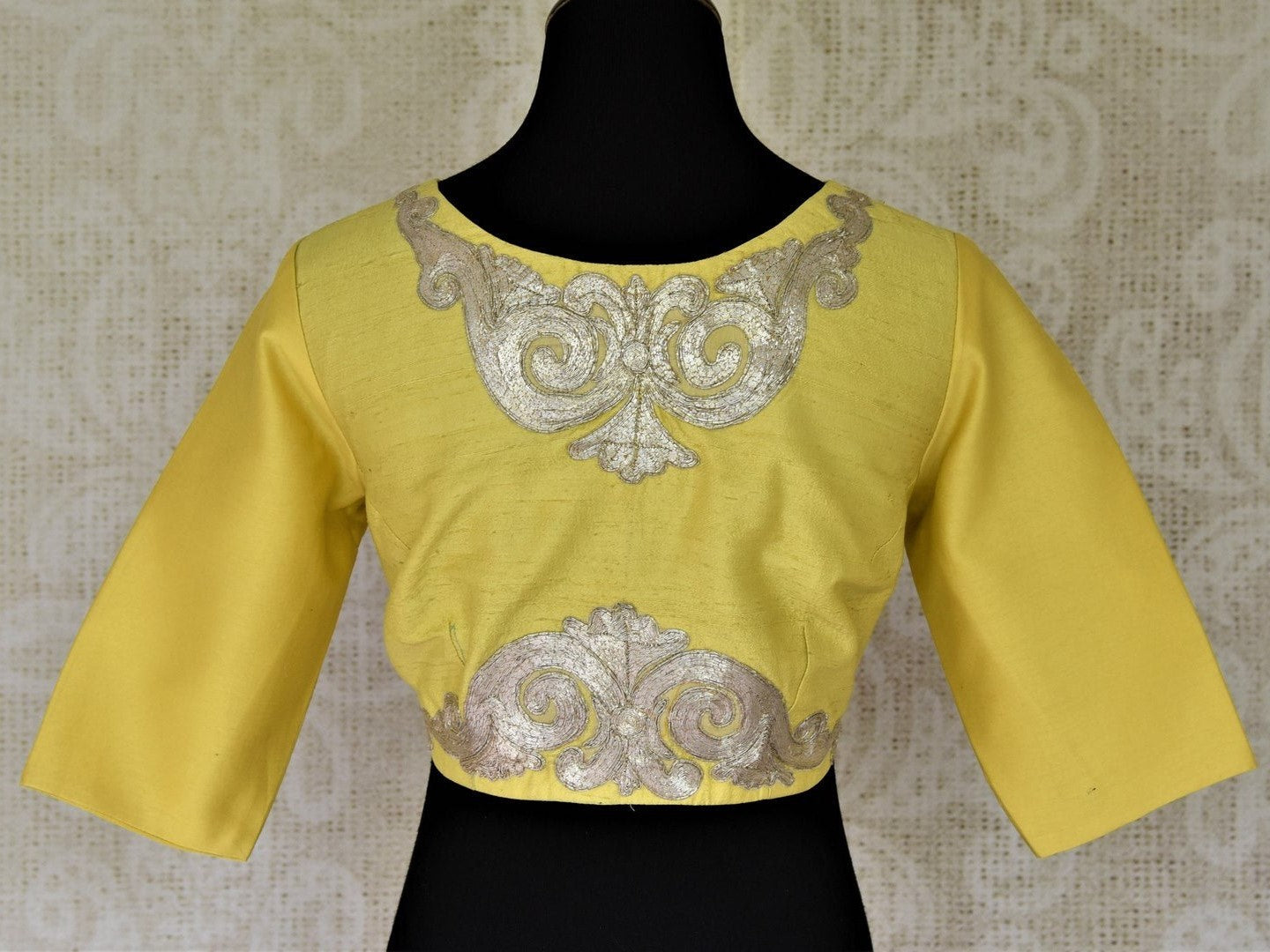 Buy lemon yellow designer saree blouse online in USA with applique work back. Shop beautiful designer sari blouses, readymade sari blouse in USA from Pure Elegance Indian fashion store in USA. Shop online now.-back