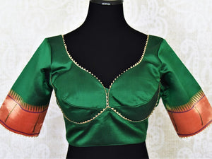 Buy stunning bottle green Paithani silk saree blouse online in USA with. Go for a perfect saree style with latest designer saree blouses, pure silk blouse, choli-cut saree blouses, readymade sarees blouse, padded saree blouses from Pure Elegance Indian saree store in USA.-full view