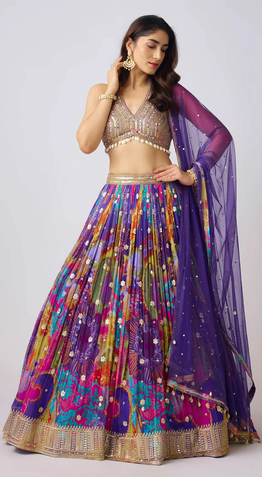 Shop purple multi print georgette mirror and shell work lehenga online in USA with dupatta. Shop bridal lehengas, designer sarees, bridesmaids lehengas, designer salwar suits, wedding lehengas, wedding sarees in USA from Pure Elegance Indian fashion clothing store.-front
