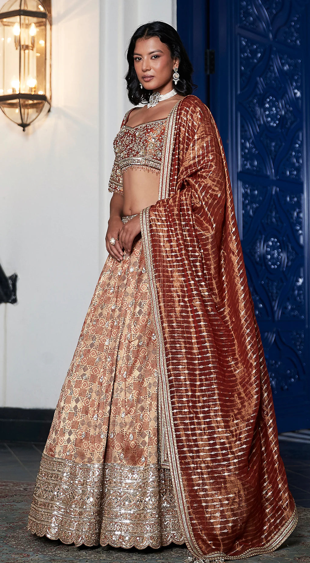 Shop rust orange Banarasi weave embroidered lehenga online in USA with dupatta. Shop bridal lehengas, designer sarees, bridesmaids lehengas, designer salwar suits, wedding lehengas, wedding sarees in USA from Pure Elegance Indian fashion clothing store.-full view