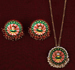 Buy Amrapali multicolor enamel gold plated pendent set online in USA with earrings. Buy beautiful gold plated jewelry, gold plated earrings, silver earrings, silver bangles, bridal jewelry, wedding jewellery from Pure Elegance Indian fashion store in USA.-full view