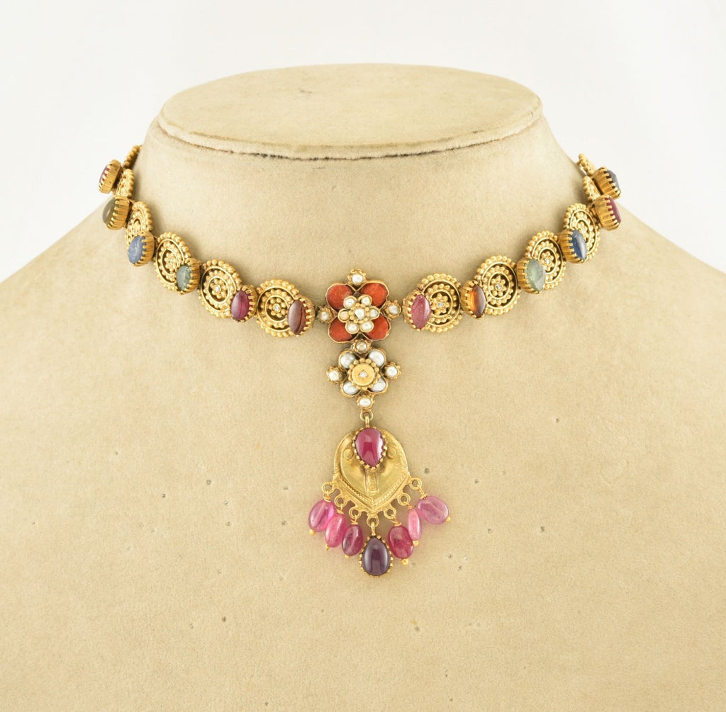 Shop beautiful gold plated choker necklace online in USA with multicolor stones. Make a style statement on special occasions in gold plated jewelry, designer jewellery, gold plated earrings, silver jewelry, silver earrings, silver necklace from Pure Elegance Indian fashion store in USA.-full view