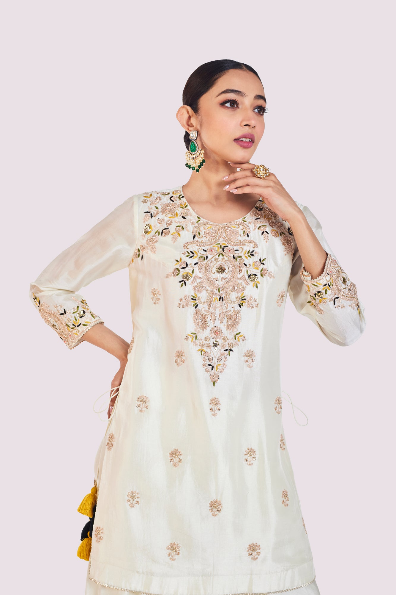 Shop stunning off-white resham work silk dhoti suit online in USA. Shop the best and latest designs in embroidered sarees, designer sarees, Anarkali suit, lehengas, sharara suits for weddings and special occasions from Pure Elegance Indian fashion store in USA.-closeup