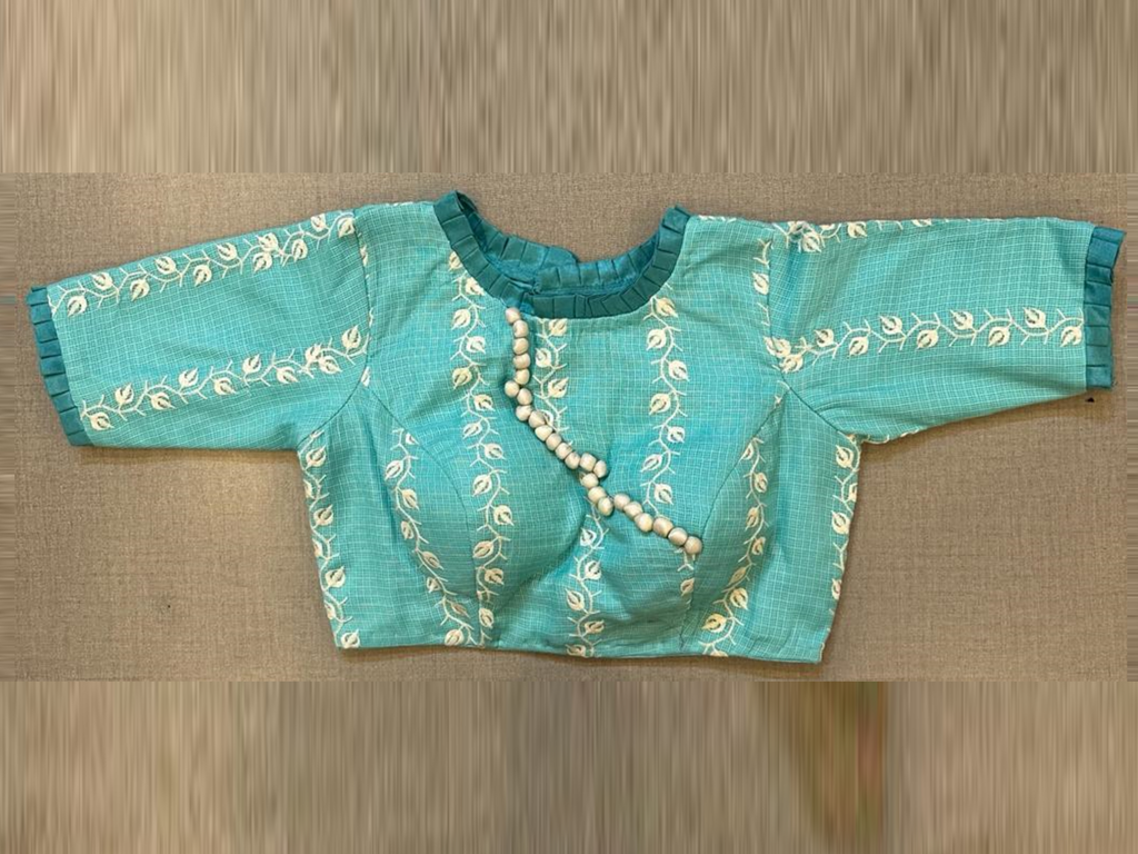 Buy pastel blue saree blouse online in USA with white thread embroidery. Elevate your saree style with exquisite readymade saree blouses, embroidered saree blouses, Banarasi sari blouse, designer sari blouse, choli-cut blouse, corset blouses from Pure Elegance Indian fashion store in USA.-full view
