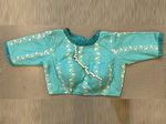 Buy pastel blue saree blouse online in USA with white thread embroidery. Elevate your saree style with exquisite readymade saree blouses, embroidered saree blouses, Banarasi sari blouse, designer sari blouse, choli-cut blouse, corset blouses from Pure Elegance Indian fashion store in USA.-full view