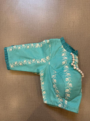 Buy pastel blue saree blouse online in USA with white thread embroidery. Elevate your saree style with exquisite readymade saree blouses, embroidered saree blouses, Banarasi sari blouse, designer sari blouse, choli-cut blouse, corset blouses from Pure Elegance Indian fashion store in USA.-side