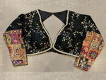 Shop black embroidered saree blouse online in USA with multi patch sleeves. Elevate your saree style with exquisite readymade saree blouses, embroidered saree blouses, Banarasi sari blouse, designer sari blouse, choli-cut blouse, corset blouses from Pure Elegance Indian fashion store in USA.-full view
