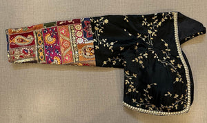 Shop black embroidered saree blouse online in USA with multi patch sleeves. Elevate your saree style with exquisite readymade saree blouses, embroidered saree blouses, Banarasi sari blouse, designer sari blouse, choli-cut blouse, corset blouses from Pure Elegance Indian fashion store in USA.-side