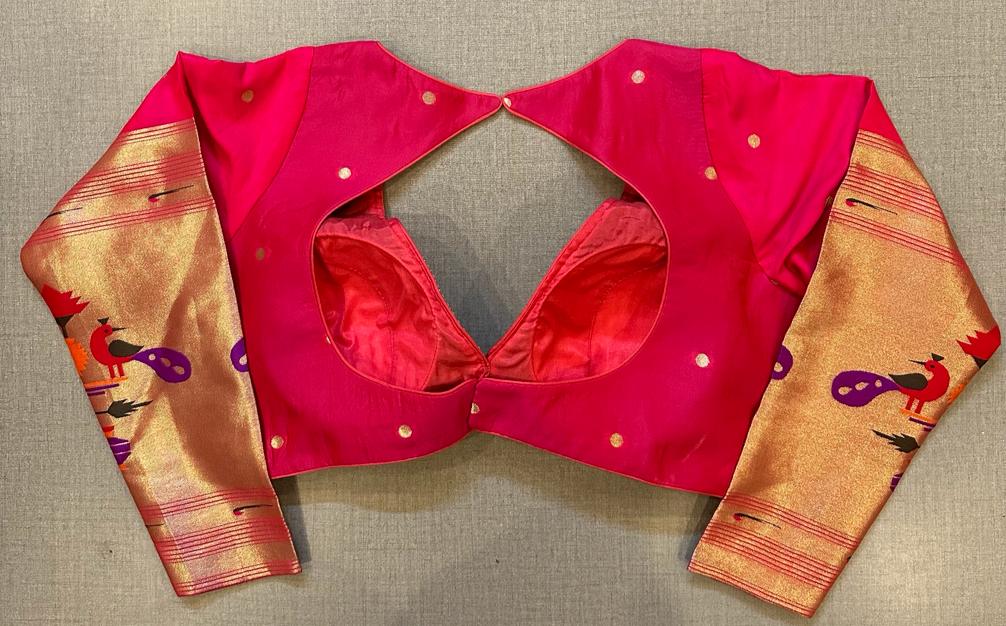 Buy stunning dark pink Paithani full sleeves saree blouse online in USA. Elevate your saree style with exquisite readymade saree blouses, embroidered saree blouses, Banarasi sari blouse, designer sari blouse, choli-cut blouse, corset blouses from Pure Elegance Indian fashion store in USA.-back