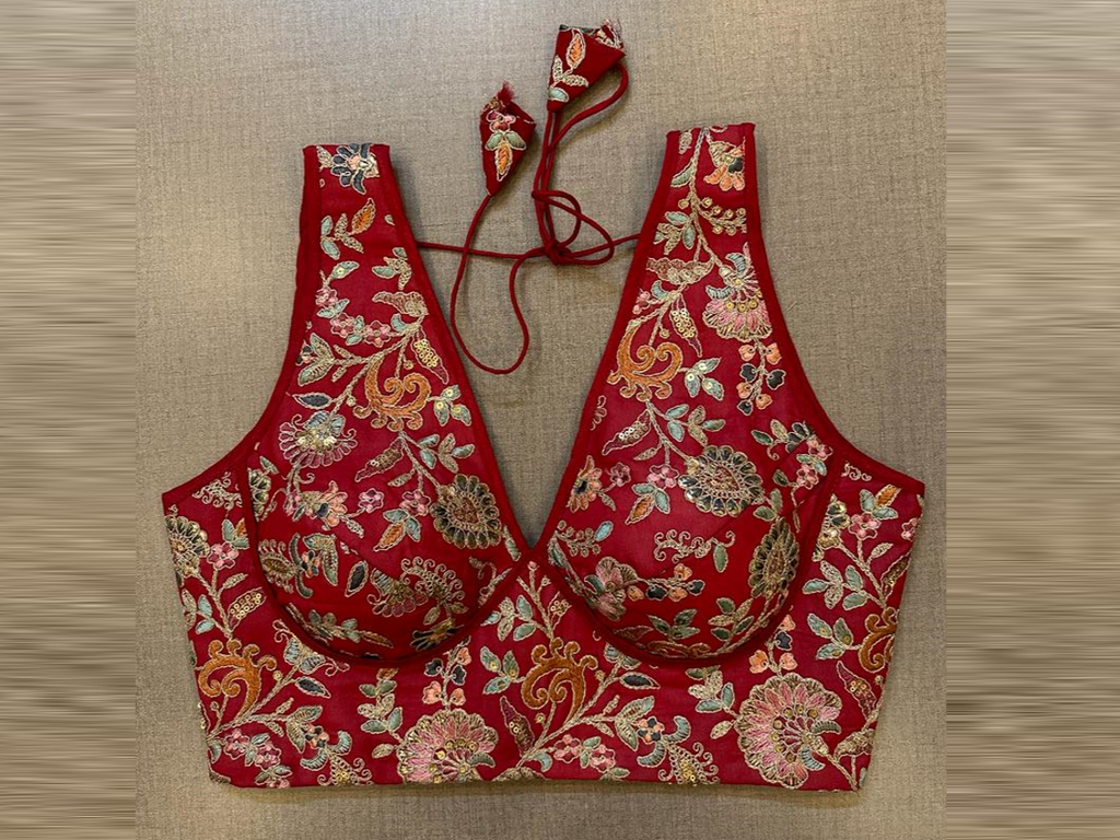 Buy blood red embroidered sleeveless saree blouse online in USA. Elevate your saree style with exquisite readymade sari blouses, embroidered saree blouses, Banarasi sari blouse, designer saree blouse, choli-cut blouses, corset blouses from Pure Elegance Indian fashion store in USA.-full view