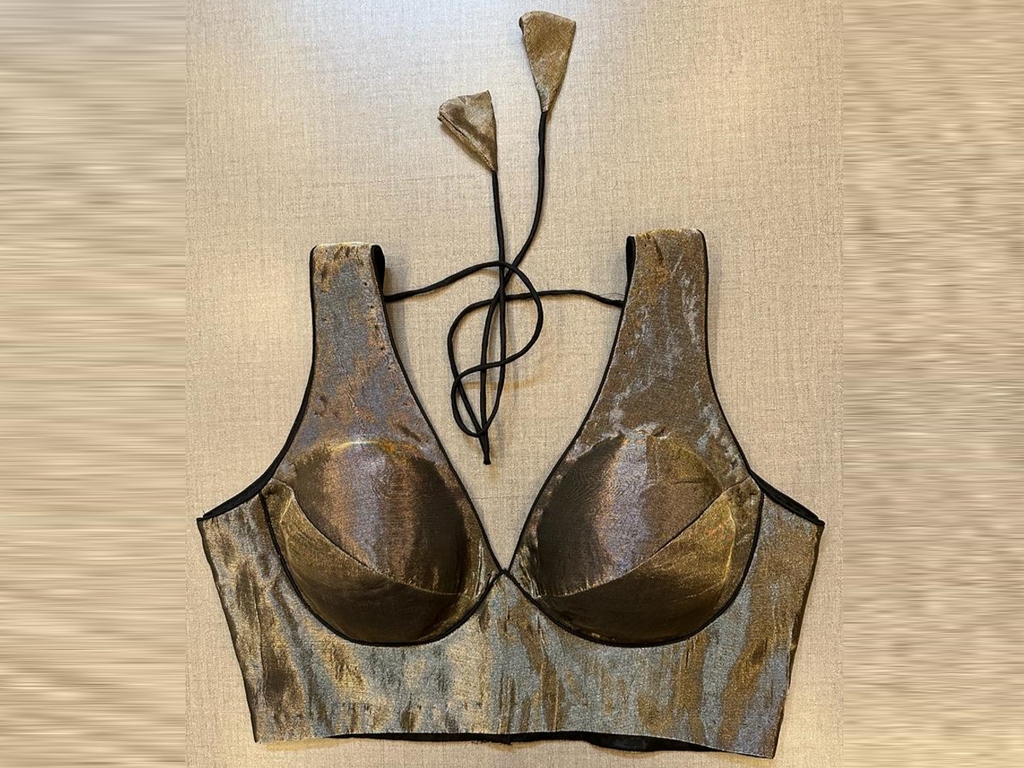 Shop black tissue sleeveless designer saree blouse online in USA. Elevate your saree style with exquisite readymade sari blouses, embroidered saree blouses, Banarasi sari blouse, designer saree blouse, choli-cut blouses, corset blouses from Pure Elegance Indian fashion store in USA.-full view