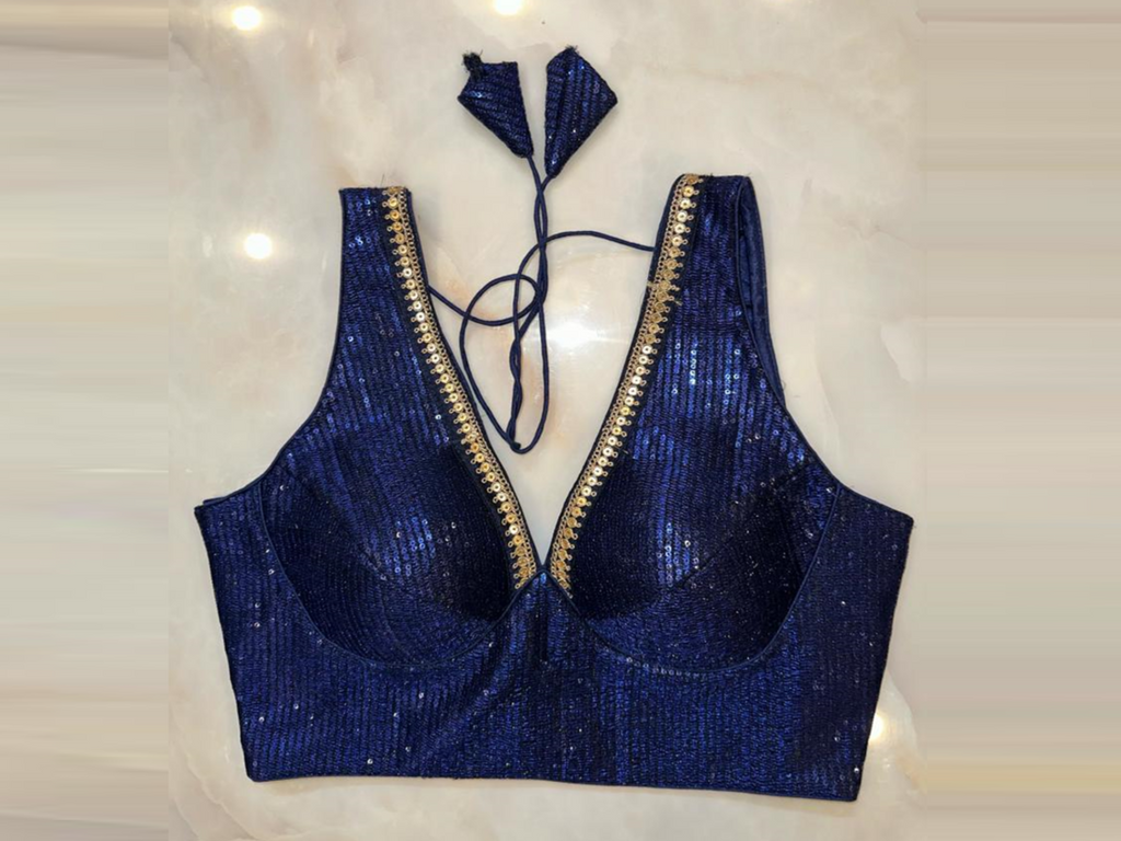 Buy navy blue sequin saree blouse online in USA with sequin lace. Elevate your saree style with exquisite readymade sari blouses, embroidered saree blouses, Banarasi sari blouse, designer saree blouse, choli-cut blouses, corset blouses from Pure Elegance Indian fashion store in USA.-full view