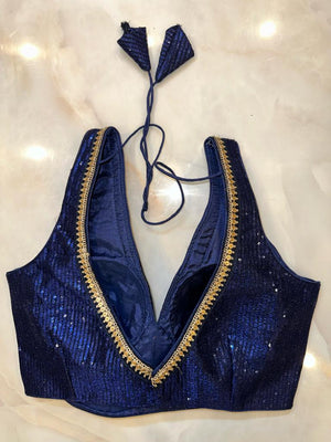 Buy navy blue sequin saree blouse online in USA with sequin lace. Elevate your saree style with exquisite readymade sari blouses, embroidered saree blouses, Banarasi sari blouse, designer saree blouse, choli-cut blouses, corset blouses from Pure Elegance Indian fashion store in USA.-back
