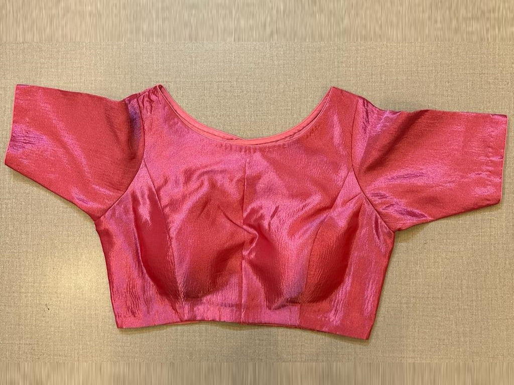 Buy stunning pink tissue designer blouse online in USA. Elevate your saree style with exquisite readymade sari blouses, embroidered saree blouses, Banarasi sari blouse, designer saree blouse, choli-cut blouses, corset blouses from Pure Elegance Indian fashion store in USA.-full view