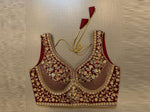 Buy red embroidered designer sleeveless saree blouse online in USA. Elevate your saree style with exquisite readymade sari blouses, embroidered saree blouses, Banarasi sari blouse, designer saree blouse, choli-cut blouses, corset blouses from Pure Elegance Indian fashion store in USA.-full view