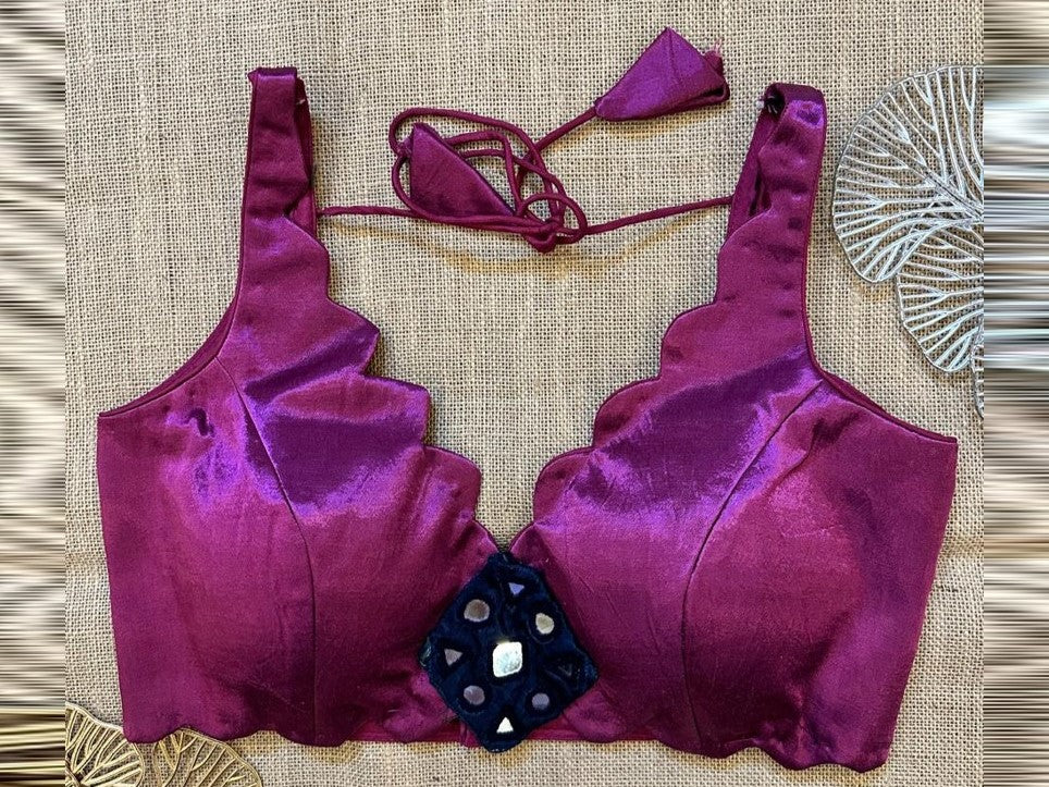 Buy purple metallic shimmer blouse online in USA with mirror work patch. Elevate your saree style with exquisite readymade sari blouses, embroidered saree blouses, Banarasi sari blouse, designer saree blouse, choli-cut blouses, corset blouses from Pure Elegance Indian fashion store in USA.-front