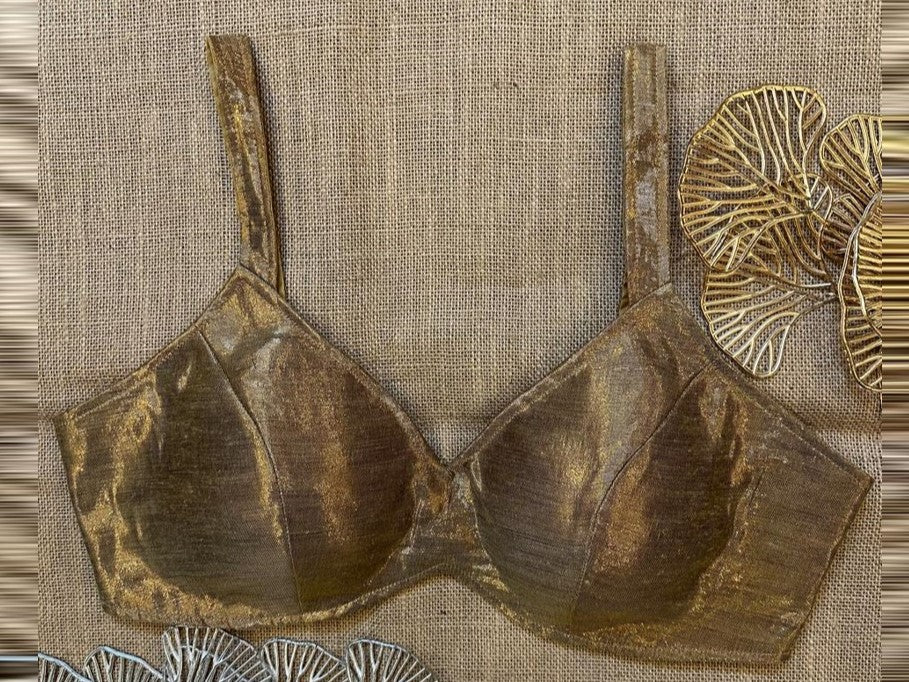 Buy antique golden metallic strappy blouse online in USA. Elevate your saree style with exquisite readymade sari blouses, embroidered saree blouses, Banarasi sari blouse, designer saree blouse, choli-cut blouses, corset blouses from Pure Elegance Indian fashion store in USA.-front