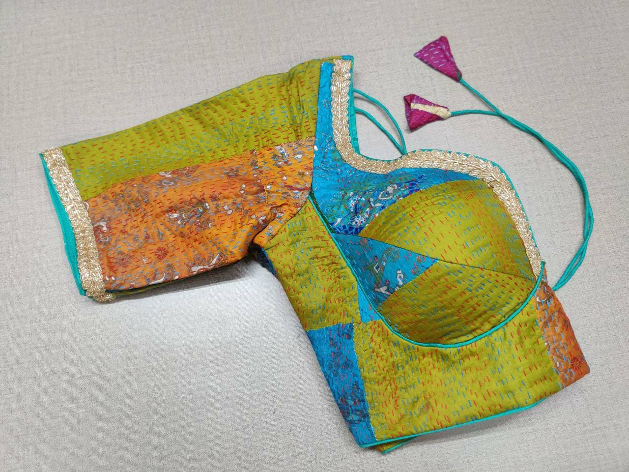 Shop multicolor print Kantha stitch saree blouse online in USA with golden lace. Elevate your saree style with exquisite readymade saree blouses, embroidered saree blouses, Banarasi sari blouse, designer saree blouse, choli-cut blouses, corset blouses from Pure Elegance Indian fashion store in USA.-side