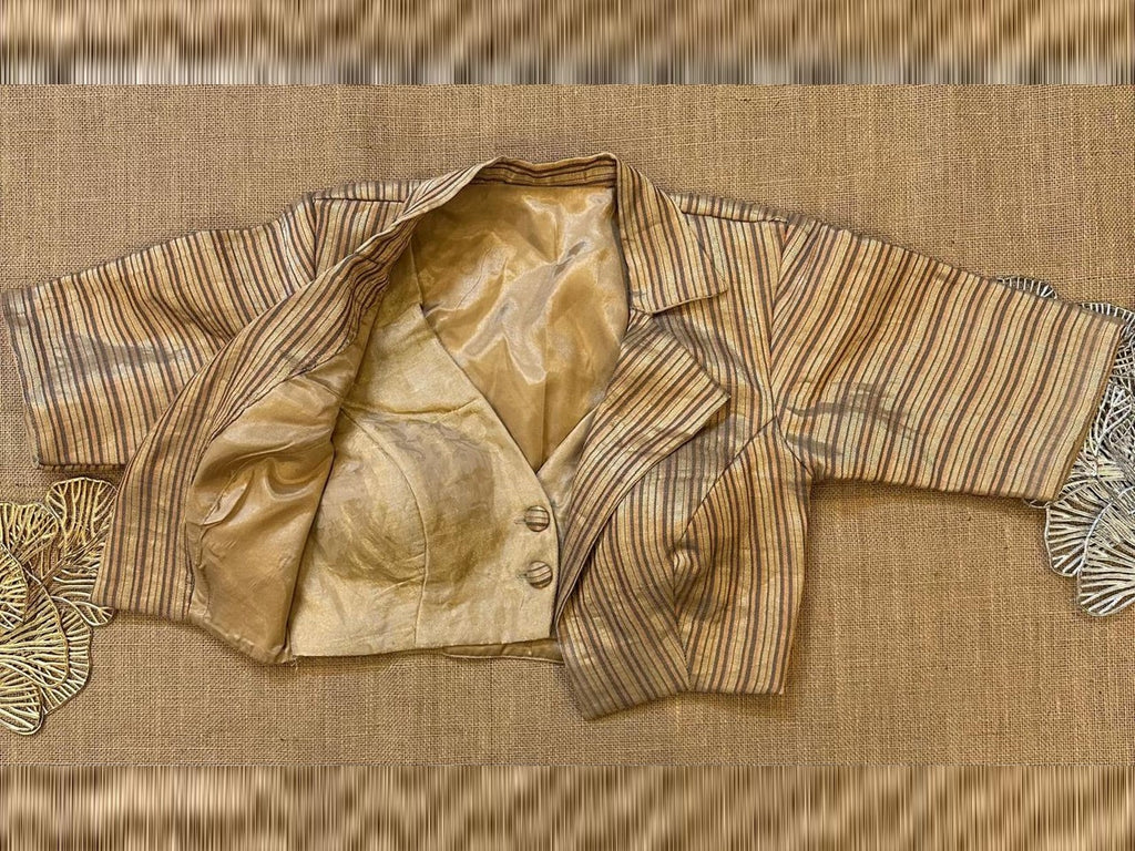Shop stunning golden striped jacket saree blouse online in USA. Elevate your saree style with exquisite readymade saree blouses, embroidered saree blouses, Banarasi saree blouse, designer sari blouse, choli-cut blouses, corset blouses from Pure Elegance Indian fashion store in USA.-full view