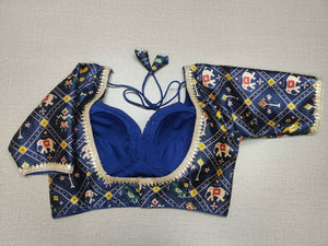 Shop navy blue Patola choli cut blouse online in USA with sequin lace. Elevate your saree style with exquisite readymade saree blouses, embroidered saree blouses, Banarasi saree blouse, designer sari blouse, choli-cut blouses, corset blouses from Pure Elegance Indian fashion store in USA.-back
