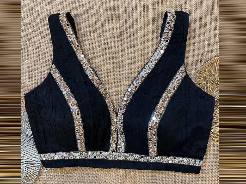 Buy black embroidered lace sleeveless saree blouse online in USA. Elevate your saree style with exquisite readymade saree blouses, embroidered saree blouses, Banarasi saree blouse, designer sari blouse, choli-cut blouses, corset blouses from Pure Elegance Indian fashion store in USA.-full view