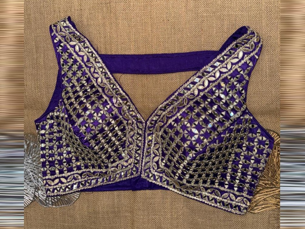 Buy purple sleeveless blouse online in USA with purple embroidery. Elevate your sarees with exquisite readymade saree blouses, designer sari blouse, choli-cut blouses.-full view